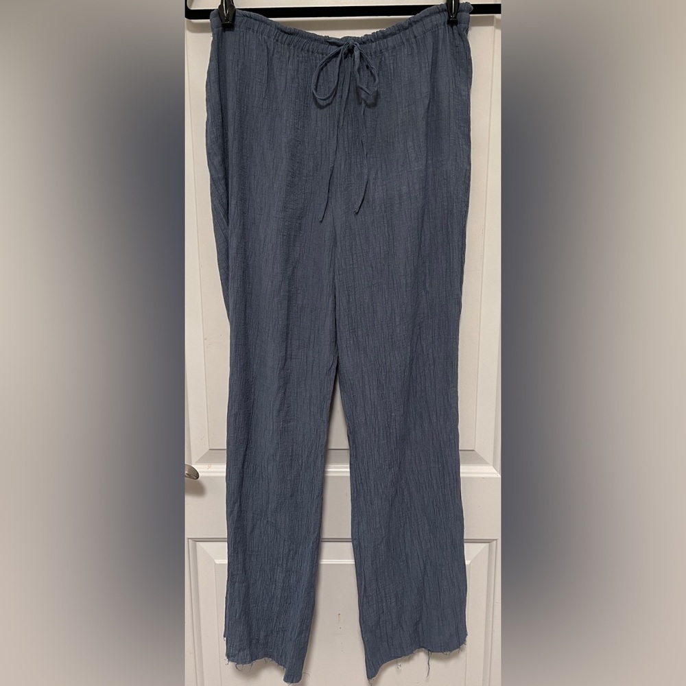 Zara Blue Slate Crinkled Wide Leg Pants Elastic Waist Drawstring Pull-On Medium